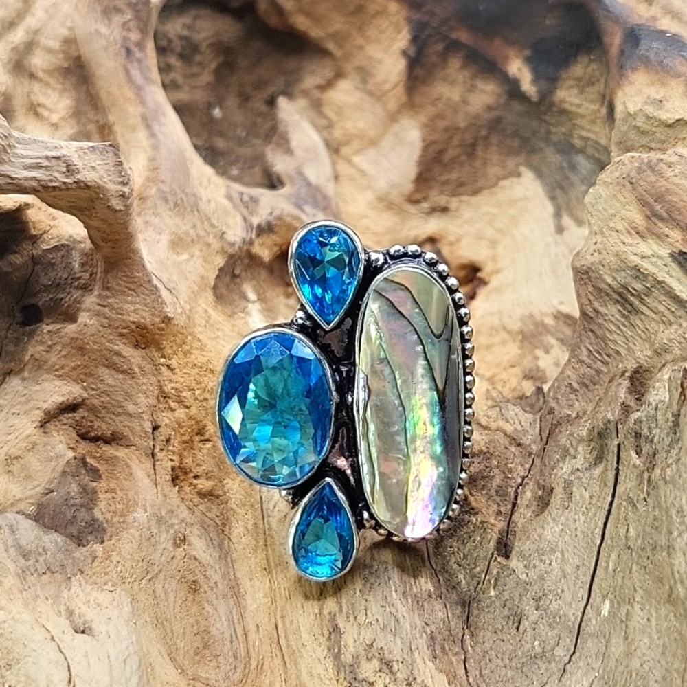 Abalone & Blue Topaz Ring - 925 Plated
